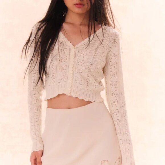 NWT LoveShackFancy Cotton Knit Petra Bow Pointelle Cardigan XSmall Ivory Cream - Picture 3 of 11